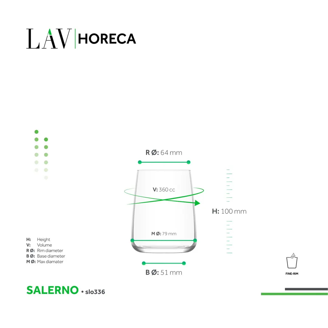 LAV HORECA SLO336 - Salerno Wine Glass, 12.1 oz, 4" Height, 2½" Rim, Lime Glass, Rim - 12/Case