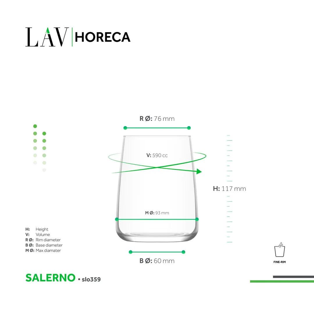LAV HORECA SLO359 - Salerno Stemless Wine Glass, 20‑24 oz, 4½" H, Soda Lime Glass, 12/Case