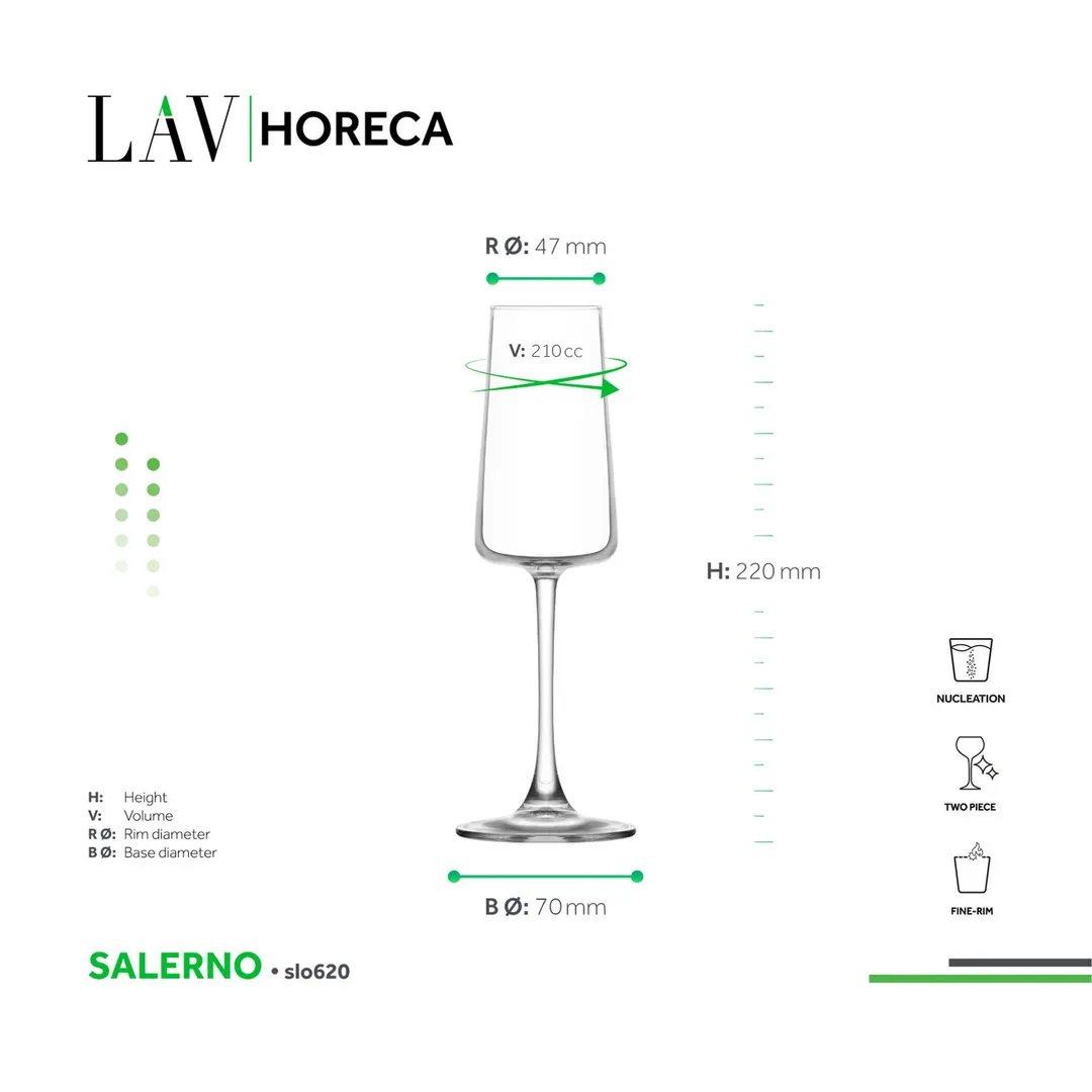 LAV HORECA SLO620 - Salerno Champagne Flute Glass, 7 oz (8.5" H), Fine Rim Soda Lime Glass - 12/Case