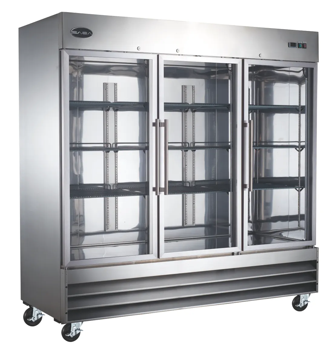 SABA S-72RG Merchandiser Refrigerator – 3‑Section, 72 cu ft, Stainless Steel, 3/4 HP, LED, 5" Casters