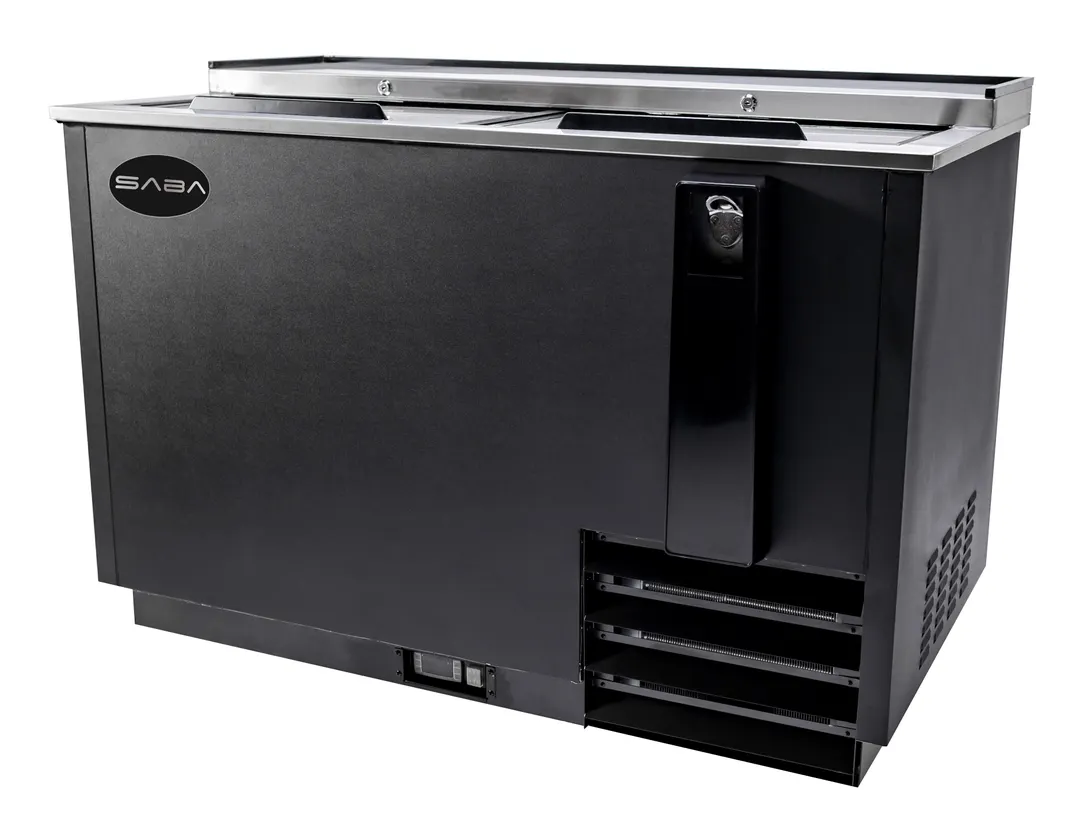 SABA SGF-50 Glass Froster, 49.5" Wide Cooler, Holds 240 Ten‑Oz Steins, Black Exterior, 0°F, 115V
