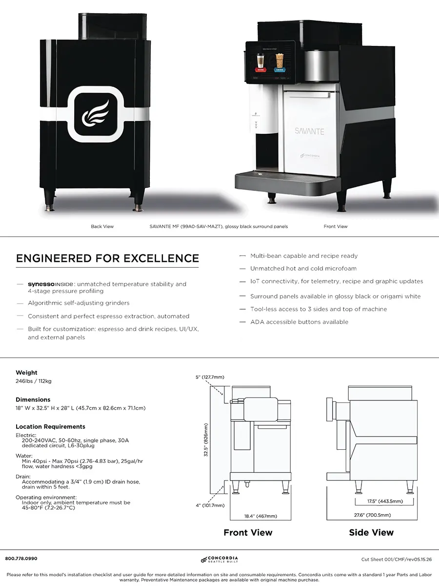 Concordia SAVANTE MF 15" Super-Automatic Commercial Espresso Machine, 2 Group - 220V