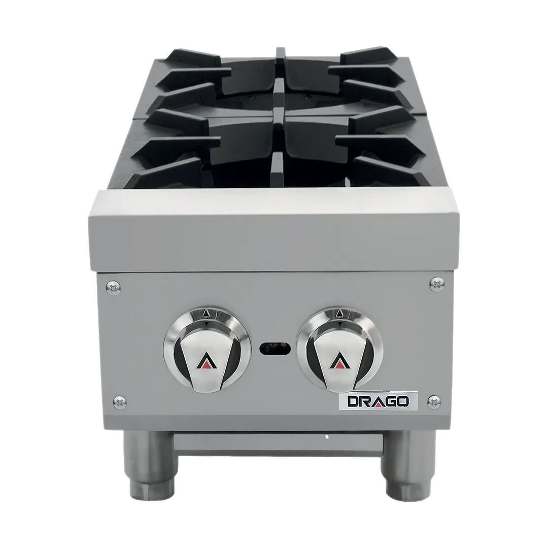 Drago America DRHP12 12" Countertop Gas Hotplate, (2) 30000 Btu Cast Iron Burners With One Standing Pilot Per Burner