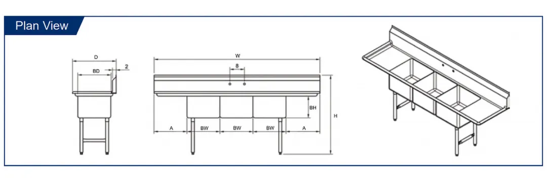 GSW USA SHH18243D Three Compartment Sink, 90-3/8"W X 30"D X 45"H