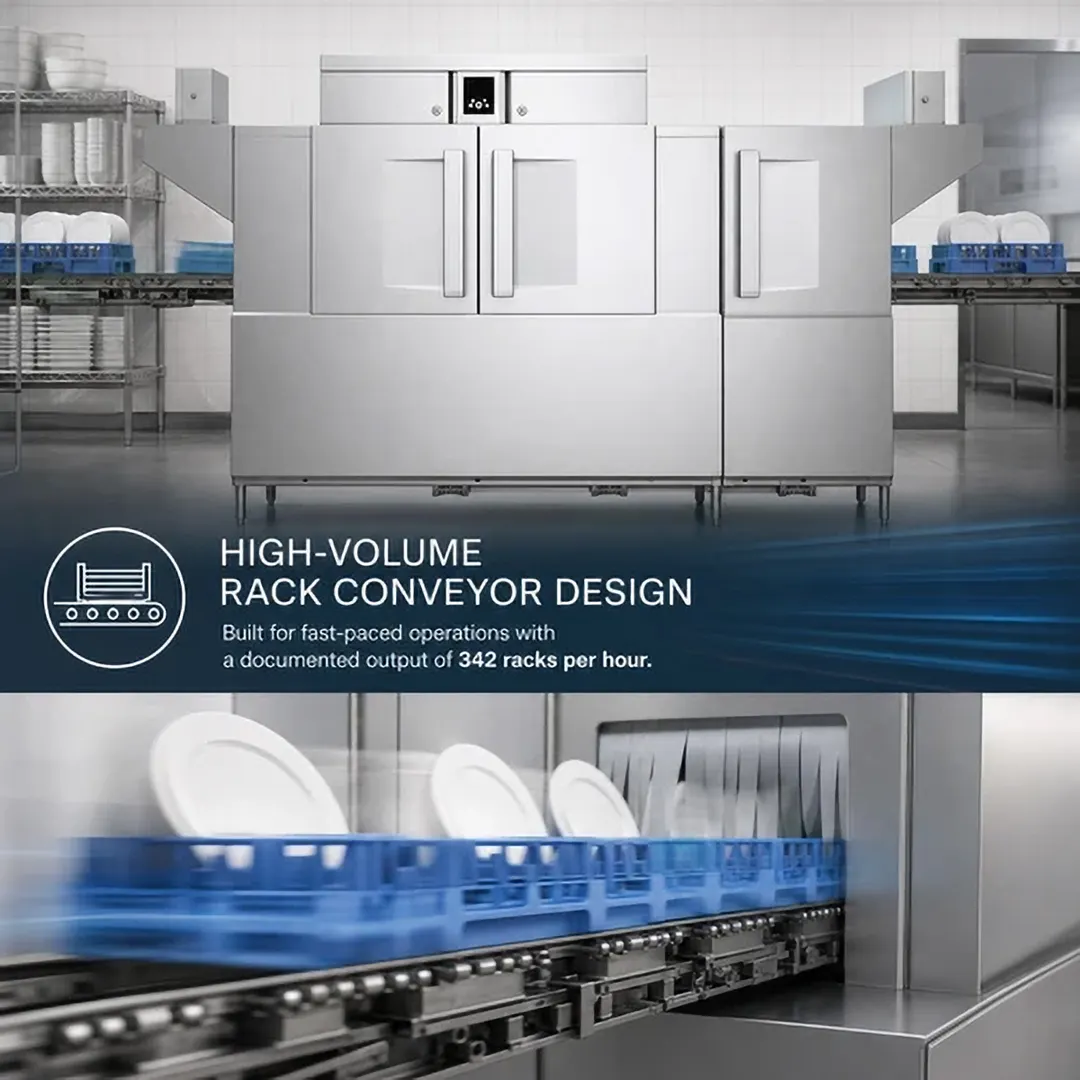 Hobart CL86-BAS+BUILDUP 86" Conveyor Dishwasher - 340 Racks/Hr - High/Low (convertible) Specify Tank