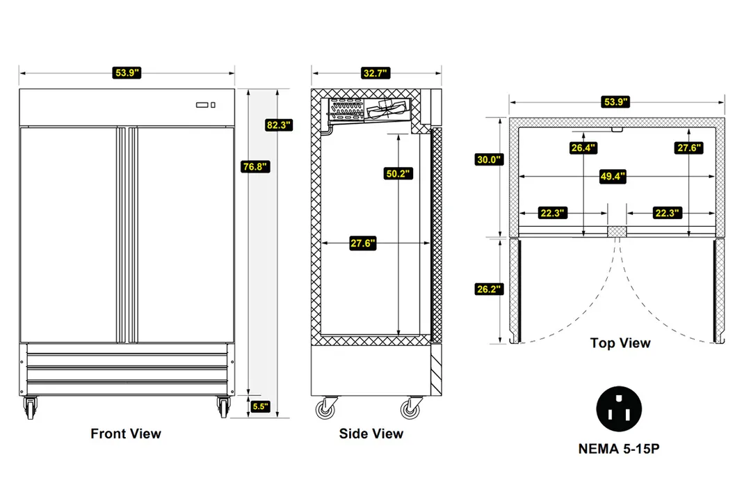 Serv-Ware RR2-HC-T 54" 2 Solid Door Reach-In Refrigerator, Stainless Steel, 49 cu. ft. , 1/4 HP