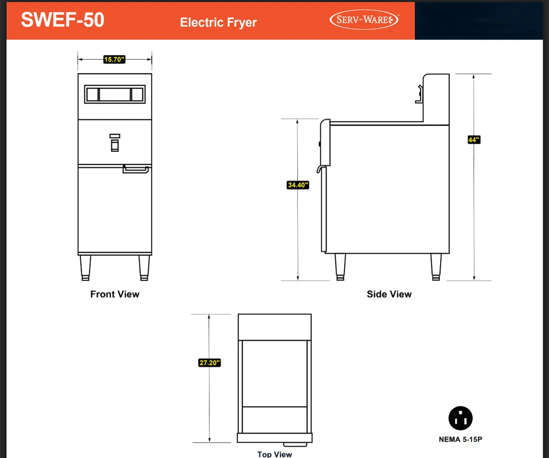 Serv-Ware SWEF-50 15" Full Pot Floor Model Electric Fryer, 50 lb, Stainless Steel, 200°F – 375°F, Thermostatic Controls