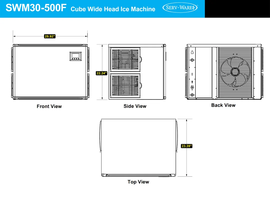 Serv-Ware SWM30-500F - 500 lb 30" Wide Full Cube Ice Maker, Stainless Steel