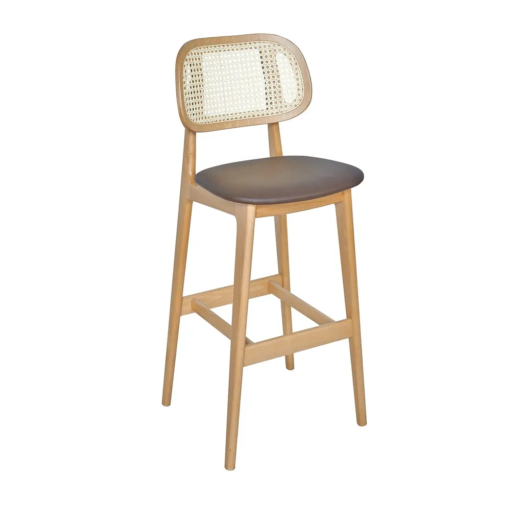 BFM Seating ZWB22NTX-COM Emma Barstool, Cane Back, Upholstered Seat, Wood Frame, Natural Finish
