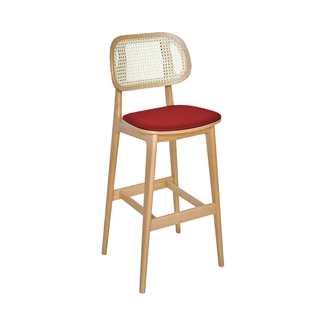 BFM Seating ZWB22NTXRG2-NT Emma Barstool, Cane Back, Upholstered Seat, Wood Frame, Natural Finish, Grade 2 Upholstery, Armless, Legs Base