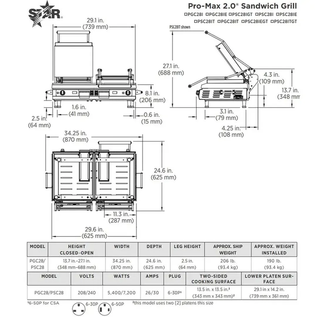 Star PSC28I Double Cast Iron Sandwich Grill with Smooth Plates, Manual Controls - 208/240V