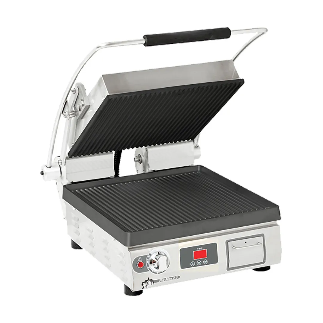 Star PGT14IT Single Cast Iron Panini Sandwich Grill with Timer & Grooved Plates, Manual Controls
