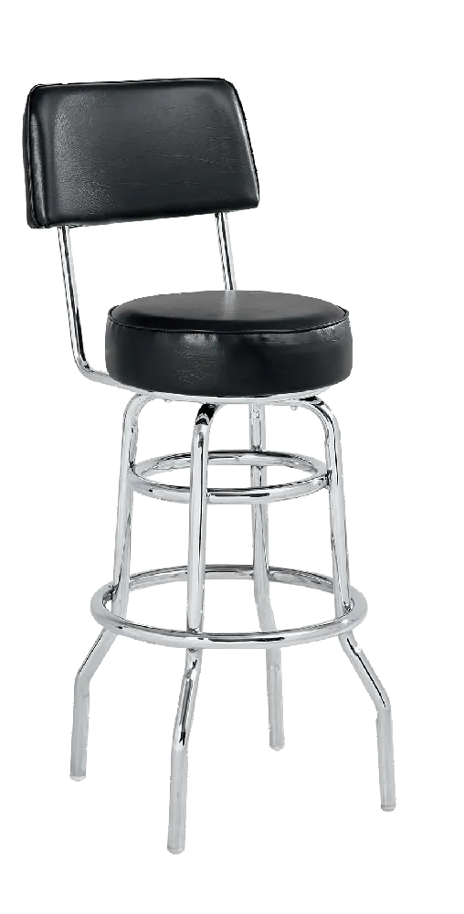 ATS SR-3 BV Swivel Bar Stool, Upholstered Back, Round Upholstered Seat, Black Vinyl, Chrome Ring Base, Enamel Finish