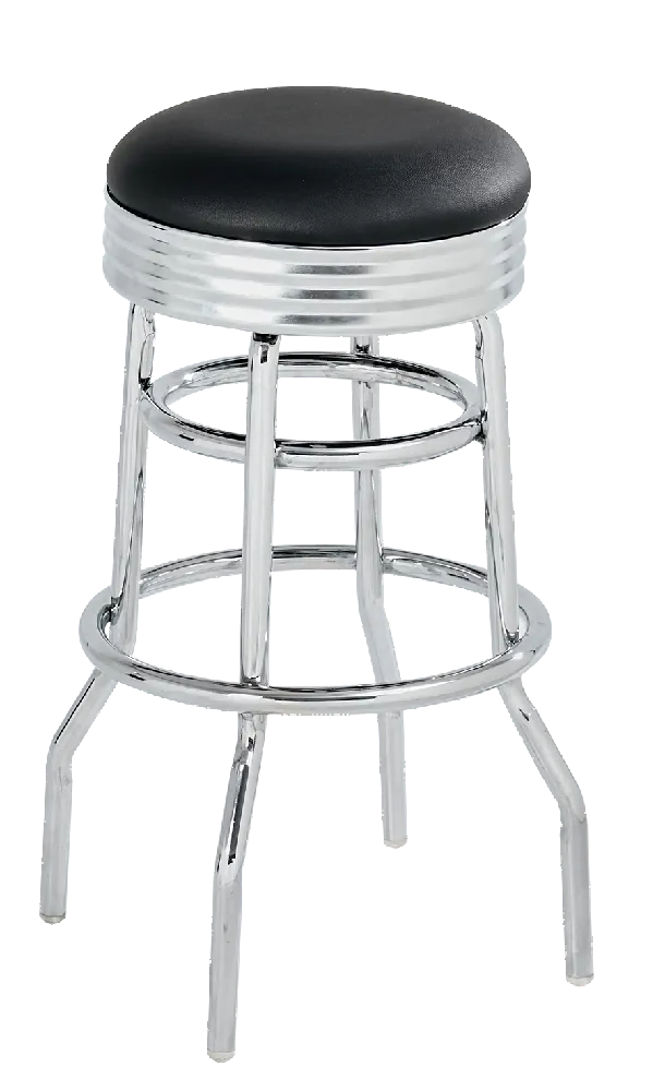 ATS SR-8 Backless Swivel Bar Stool, Round Upholstered Seat, Chrome Rim, Double Ring Base, 1" Chrome Plated Steel Tubing