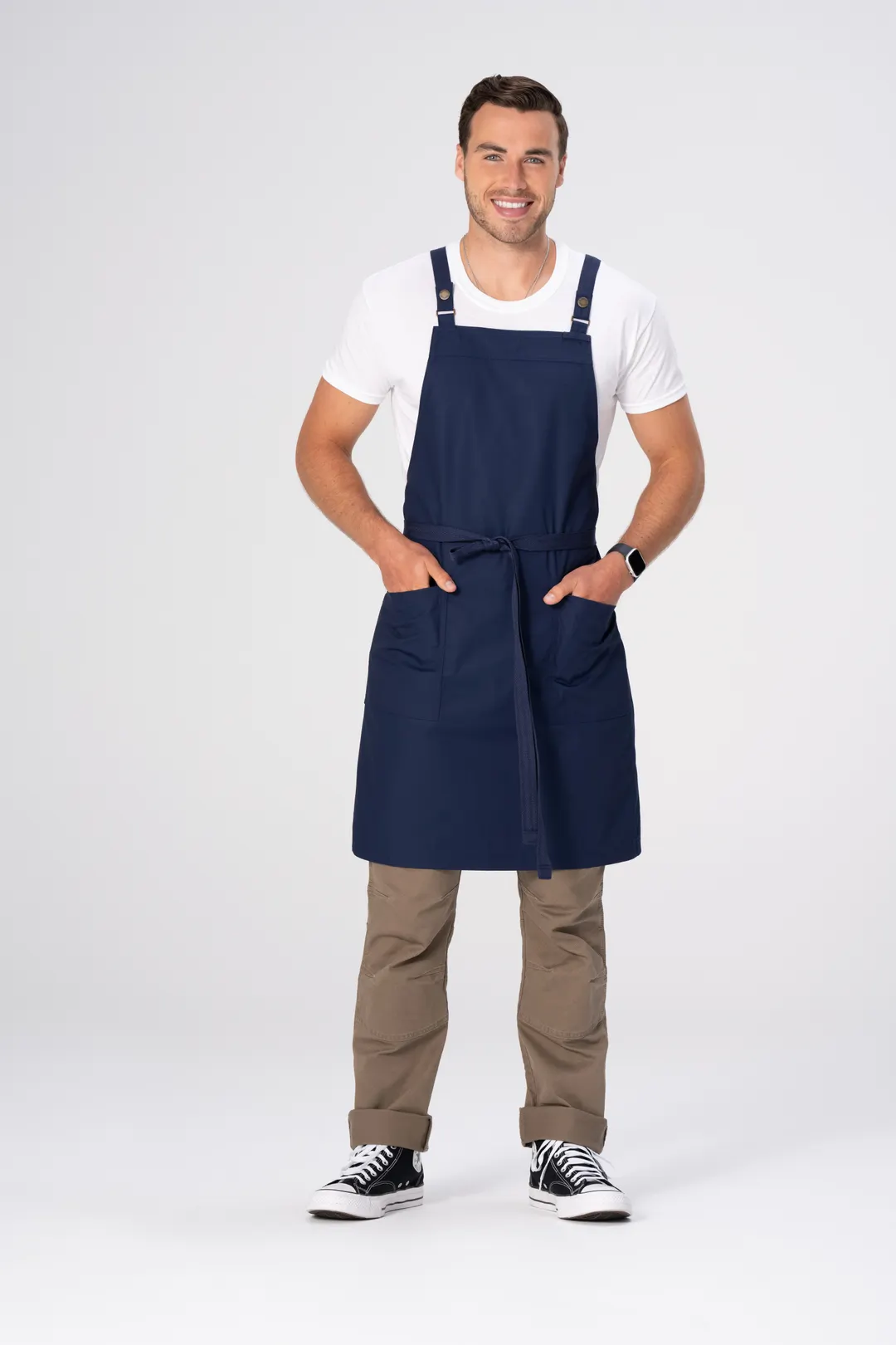 Chef Works ABS04-DNA-0 Bib Apron, Navy, Adjustable Strap, 2 Pockets, PolyCotton, 31"L x 32"W
