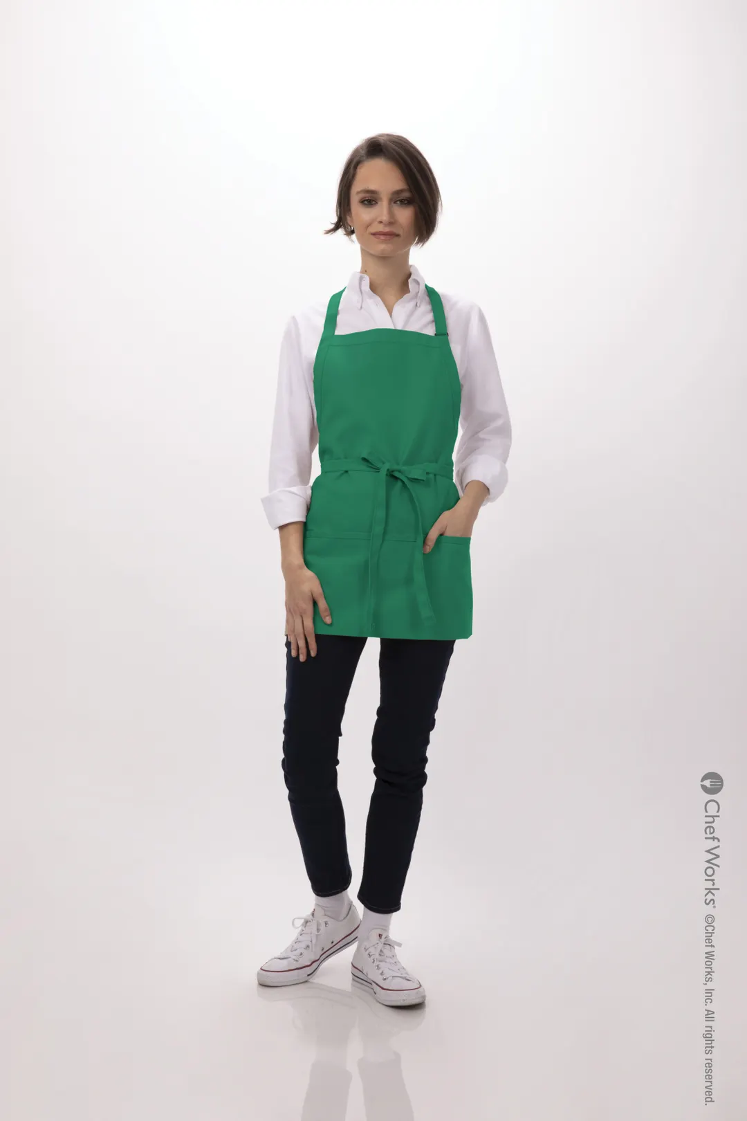 Chef Works F10-KEL-0 3-Pocket Bib Apron, 24"L x 27.5"W, Kelly Green, Adjustable Neck, Poly/Cotton