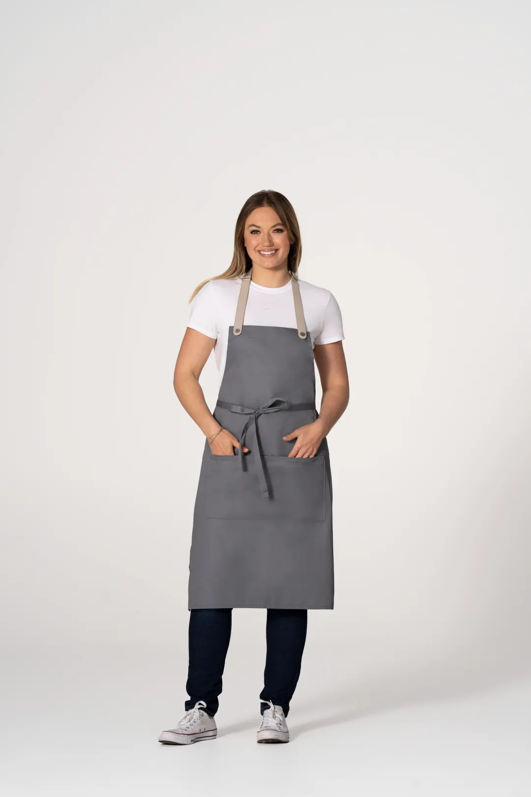 Chef Works F8WS-GRY-0 Bib Apron, Unisex, 35" Length, Grey, Poly/Cotton, 1 Patch Pocket