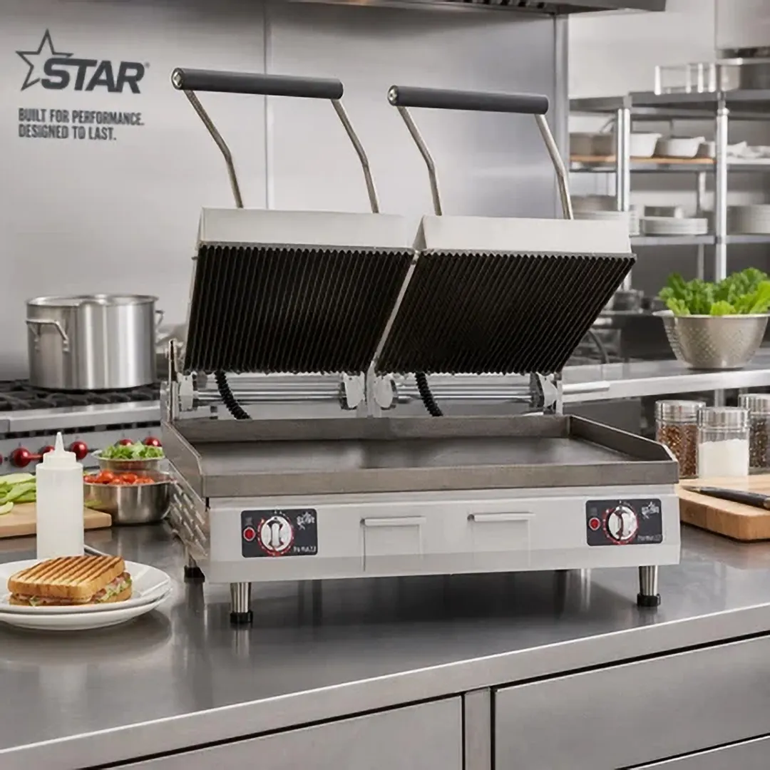 Star PSC28ITGT Double Cast Iron Sandwich Grill with Time, Grooved & Smooth Plates, Manual Controls