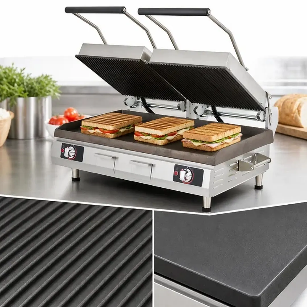 Star PSC28ITGT Double Cast Iron Sandwich Grill with Time, Grooved & Smooth Plates, Manual Controls