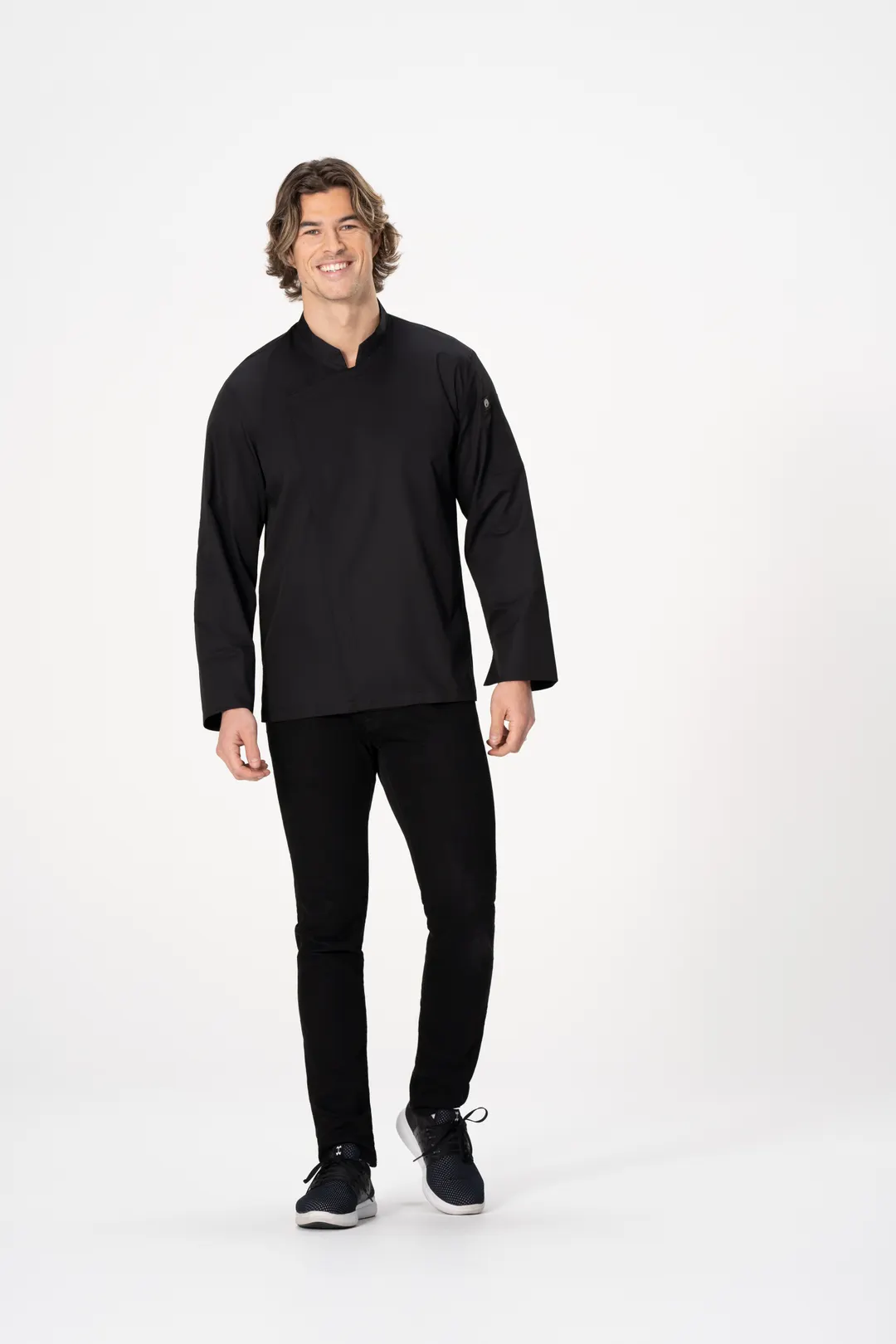 Chef Works BCMC010-BLK-3XL Black Chef Coat, 3XL, Poly/Cotton, Long Sleeve, Concealed Snap-Front