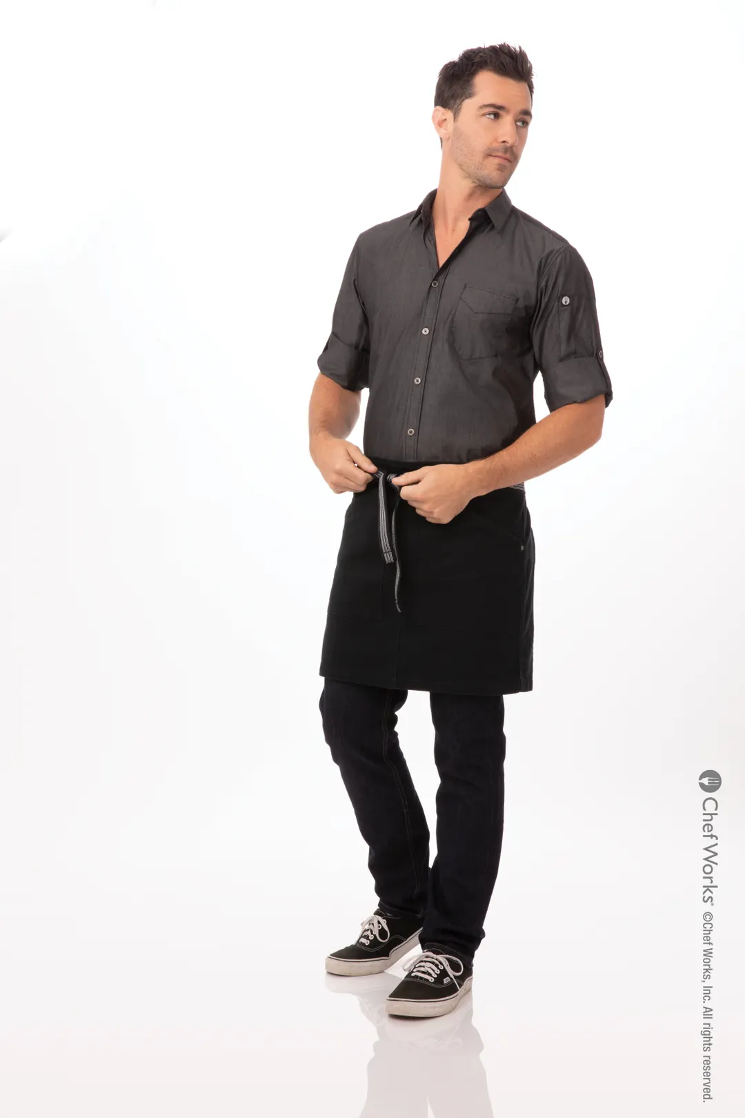 Chef Works AHS01S-JBK-0 Berkeley Half Bistro Snap Waist Apron, 17.9"L X 28"W, Jet Black, 100% Cotton