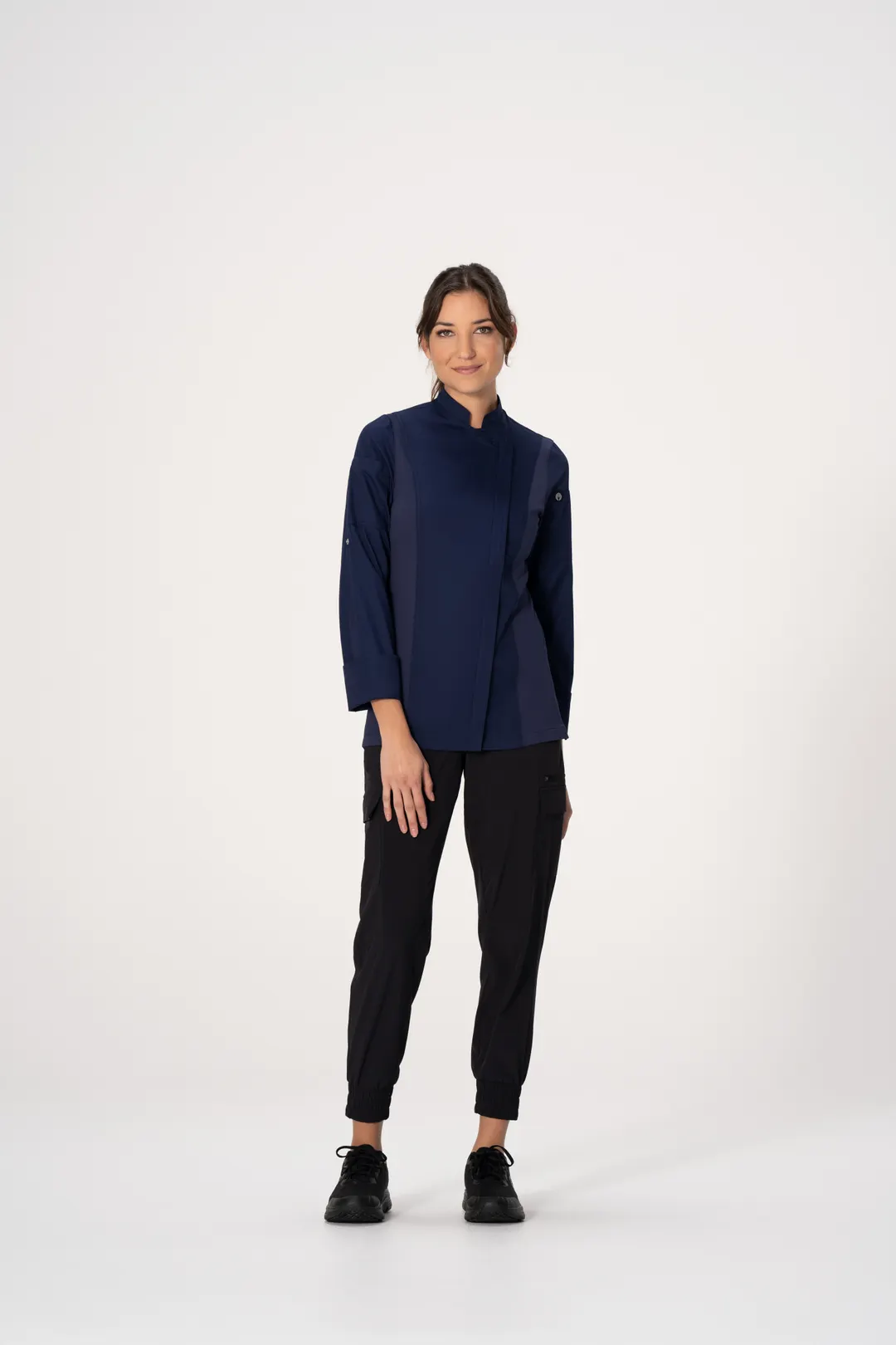 Chef Works BCWLZ005-NAV-XL Hartford Chef Coat, Womens, XL, Long Sleeve, Navy, Poly/Cotton