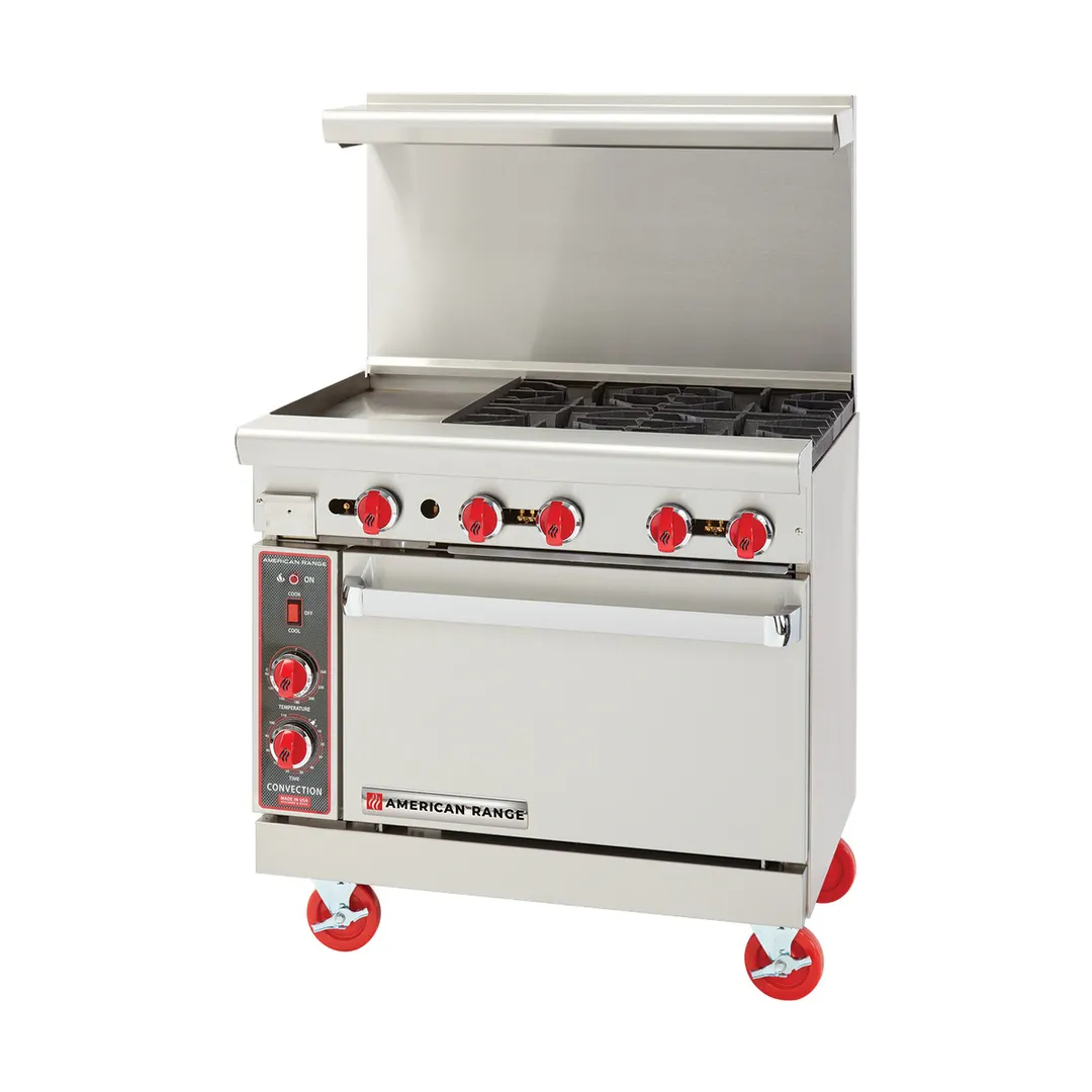 American Range AR-12G-4B-C 36" Gas Restaurant Range w/ (4) Open Burners, 12" Griddle, (1) Convection Oven, 178.000 BTU