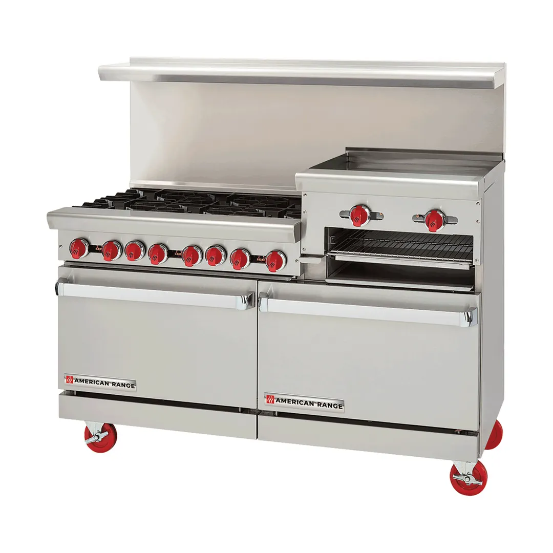 American Range AR-4B-36RG-126L-SBR 60" Gas Restaurant Range w/ (4) Open Burners, (1) 36" Raised Griddle/Broiler, (1) Standard Oven, (1) Cabinet Base, 223.000 BTU