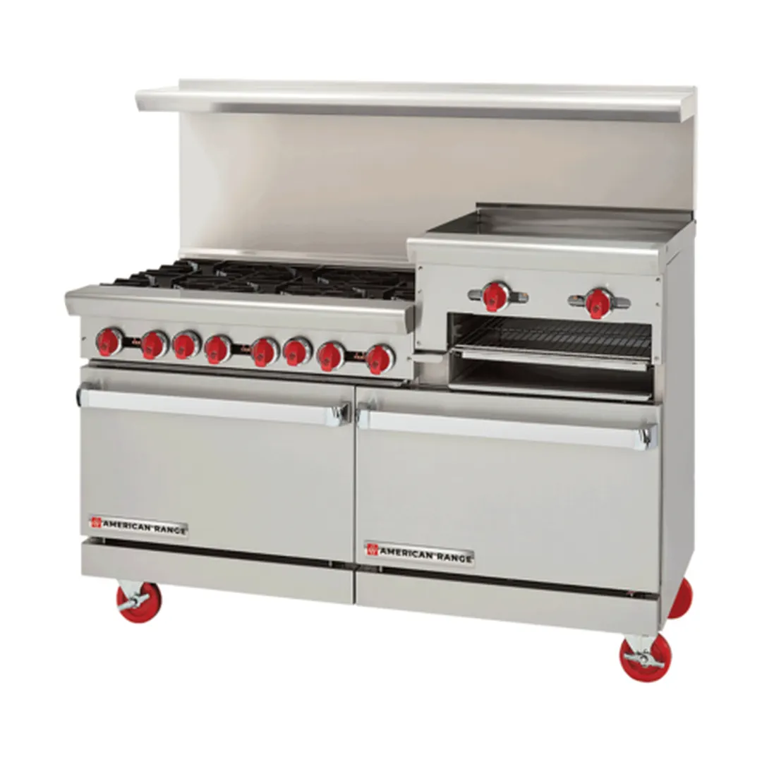 American Range AR-6B-24RG-CL-SBR 60" Gas Restaurant Range w/ (6) Open Burners, (1) 24" Raised Griddle/Broiler, (1) Convection Oven, (1) Cabinet Base, 262.000 BTU 