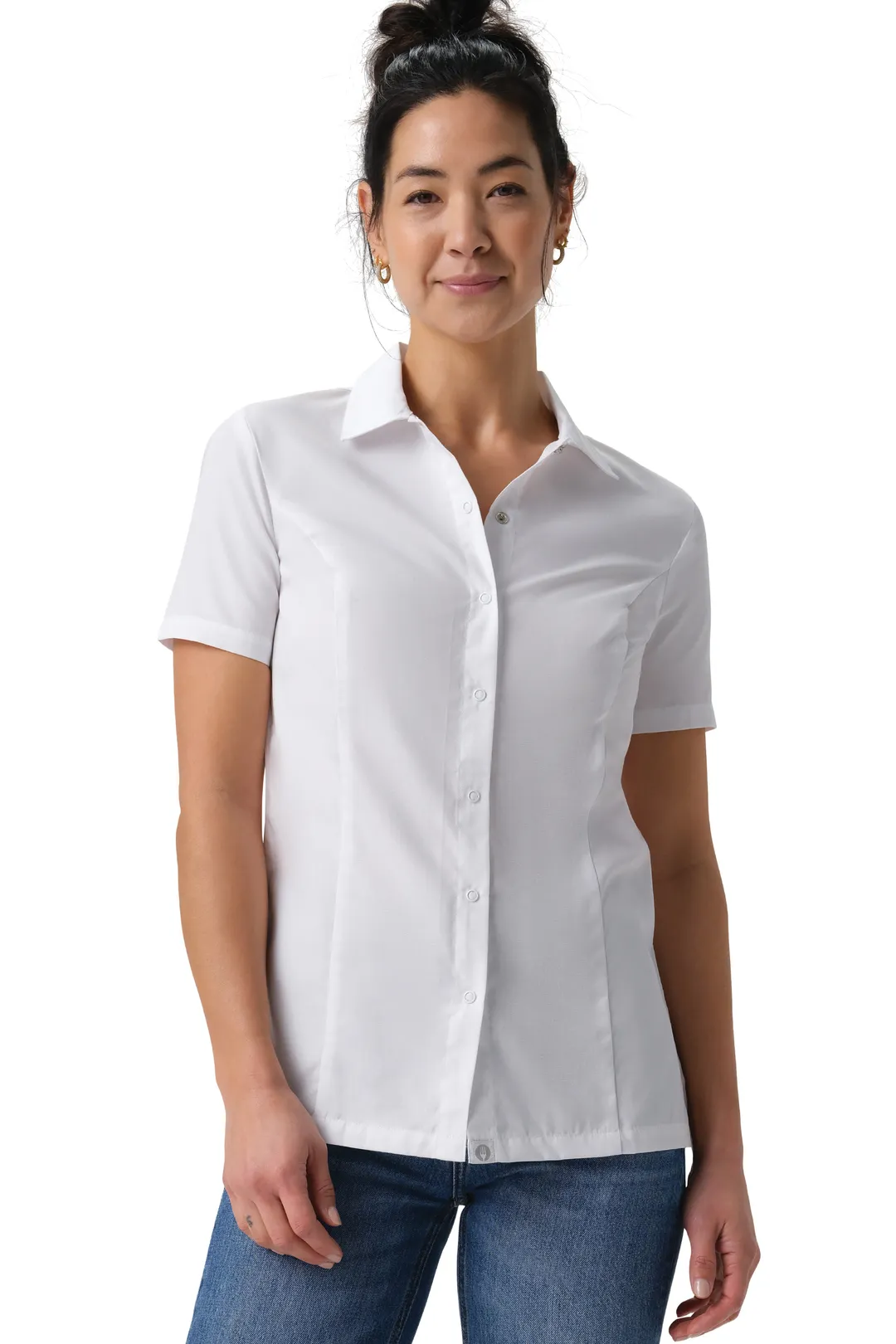 Chef Works SBU01W-WHT-XS Cook Shirt – White Short Sleeve Snap Front, 65% Poly/2% Elastane, Mesh Back