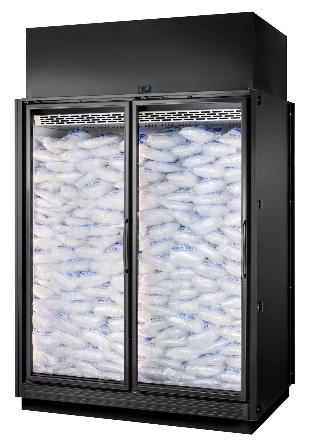 True TRM2I-NN-BLK-WHT-1BLKRR-4 67" 2-Door Ice Merchandiser, Black Exterior, 77.9 cu. ft., Holds 220 8 lb. Ice Bags