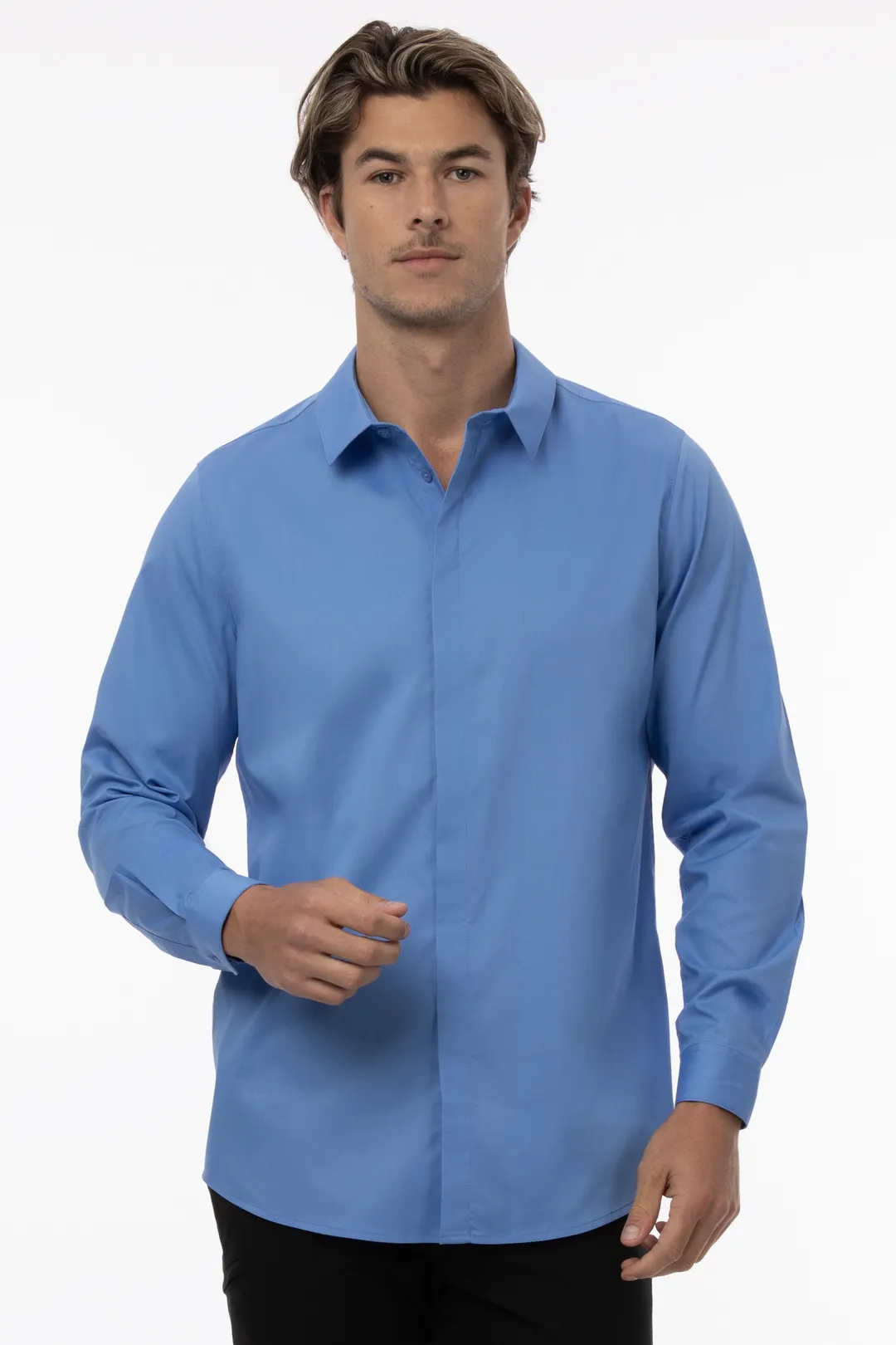 Chef Works D151-FRB-4XL Dress Shirt – 4XL, French Blue, 64/34/2 Poly/Cotton/Elastane, Adjustable Cuffs
