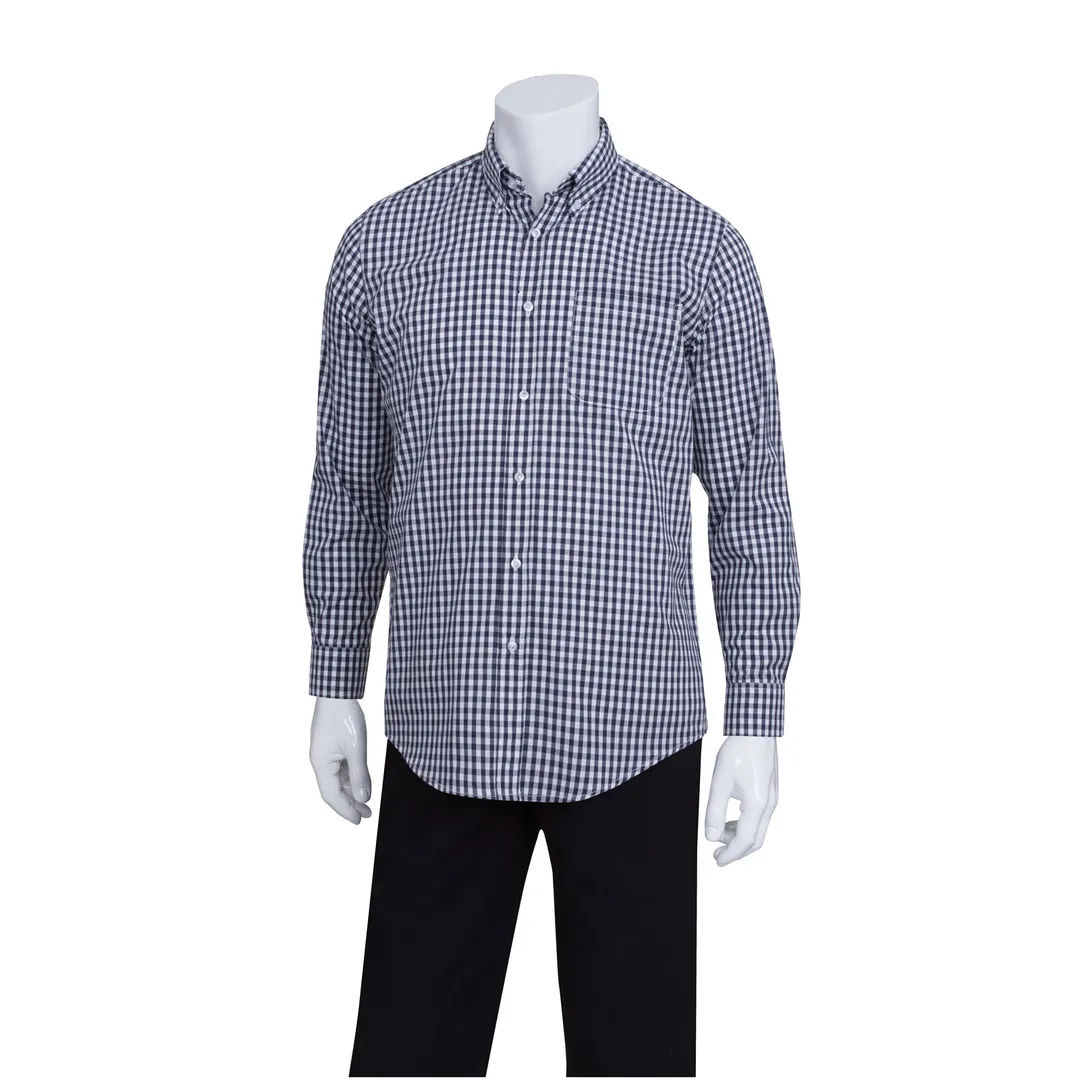 Chef Works D500-BWK-L - Men's Large Dress Shirt, 65/35 Poly/Cotton Poplin, White/Dark Navy Check
