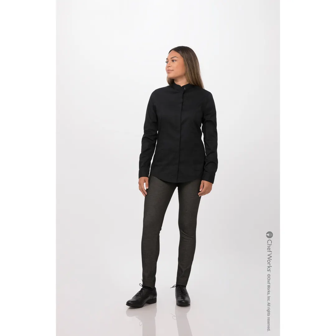 Chef Works SFB01W-BLK-2XL - Women's 2XL Long Sleeve Dress Shirt, Black, Poly/Cotton Blend, Collared