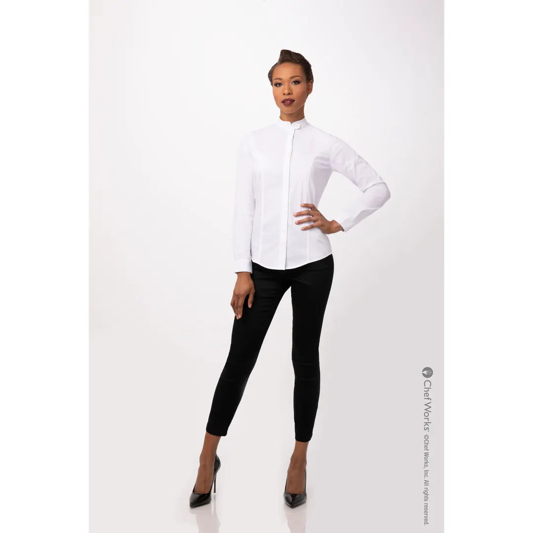 Chef Works SFB01W-WHT-M Dress Shirt – Women’s Medium, White, Long Sleeve, Poly/Cotton, Princess Seams