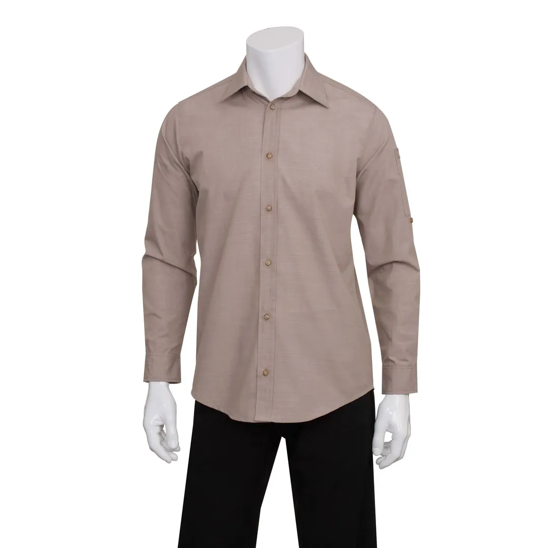 Chef Works SLMCH005-ECR-3XL Men's Chambray Dress Shirt, 3XL, Ecru, 60/40 Cotton/Poly, Roll‑Up Sleeves