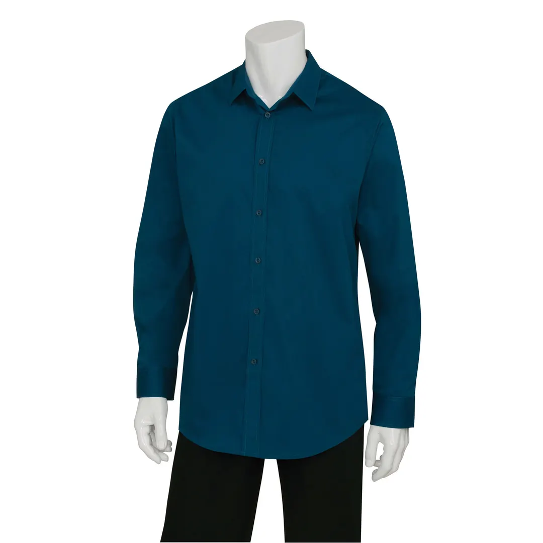 Chef Works SLMNP009-BLU-XS Dress Shirt – Men’s Long Sleeve, Blue, XS, 64/34/2 Poly/Cotton/Elastane, Fit