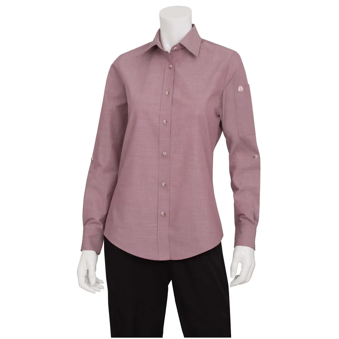 Chef Works SLWCH002-DUR-M Chambray Dress Shirt, Medium, Dusty Rose, 60/40 Cotton/Poly, Anti‑Wrinkle