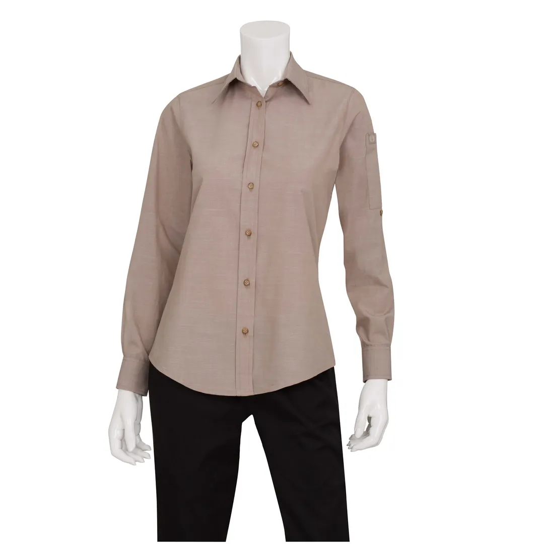 Chef Works SLWCH002-ECR-S Women's Chambray Dress Shirt, 60/40 Cotton/Poly, Ecru, Small, Long Sleeves