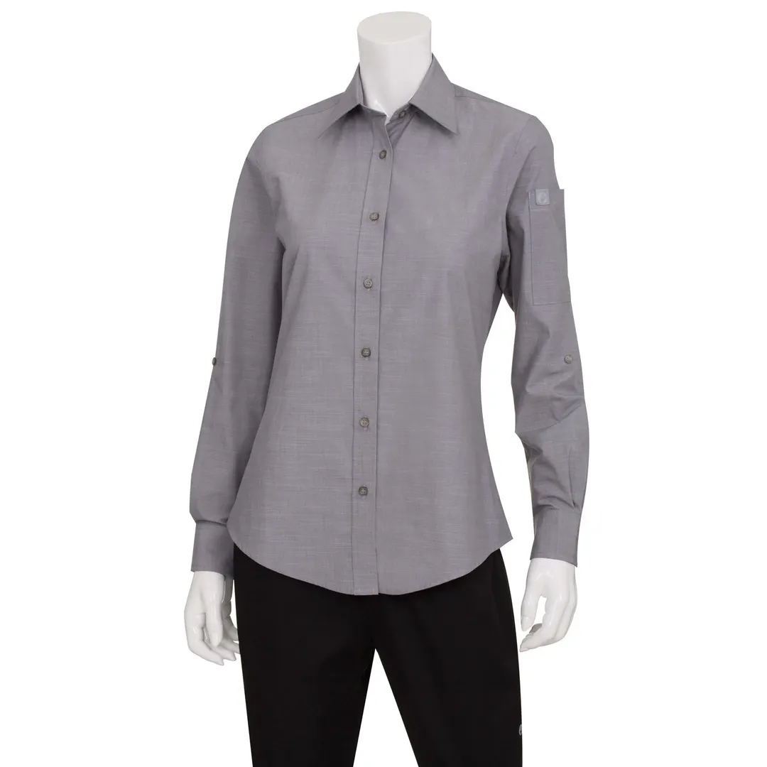 Chef Works SLWCH002-GRY-L Women's Dress Shirt, Large, Gray, 60/40 Cotton/Poly, Long Sleeves