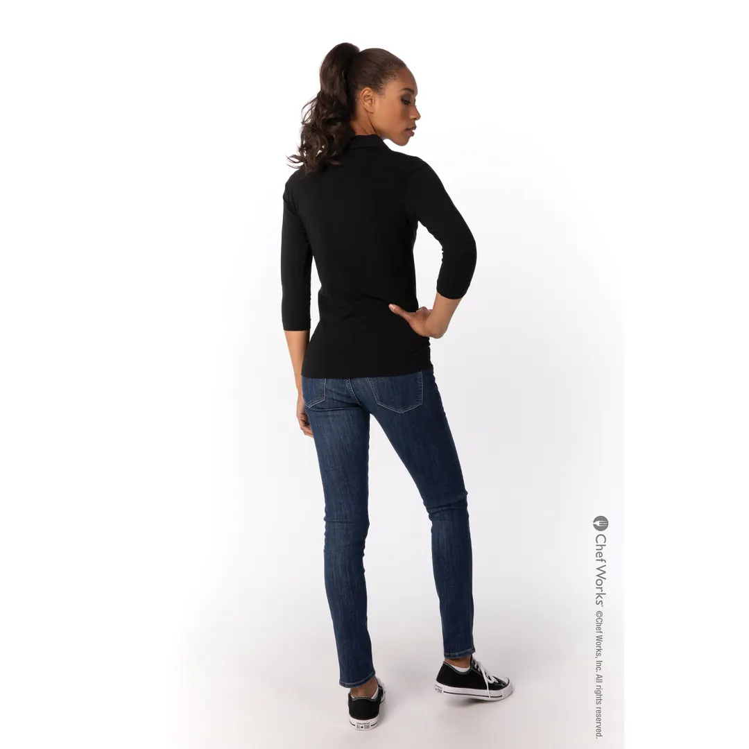 Chef Works TSWO-BLK-3XL - Women's 3/4 Sleeve V-Neck Polo, 57/38/5 Cotton/Poly/Elastane, Black, 3XL