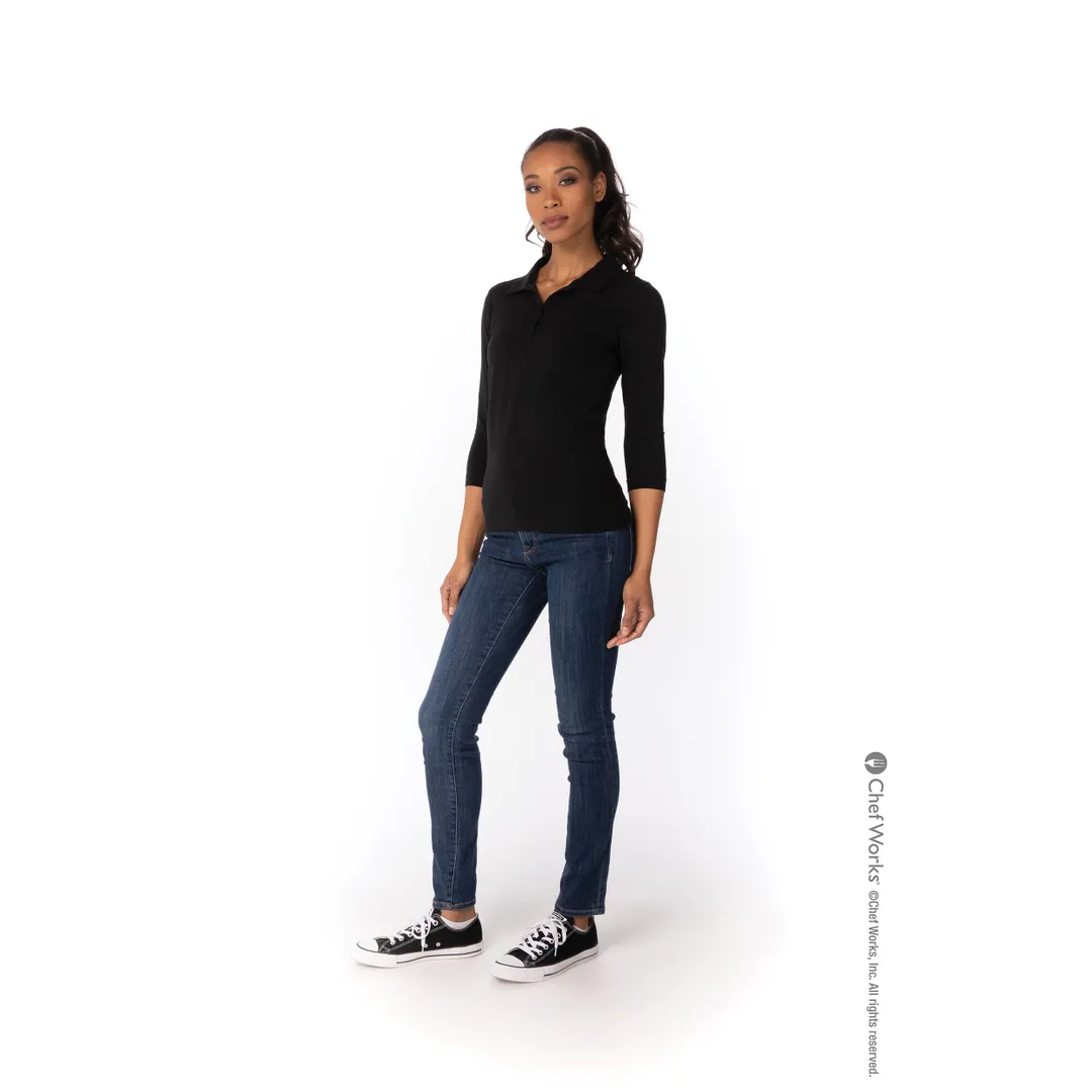 Chef Works TSWO-BLK-3XL - Women's 3/4 Sleeve V-Neck Polo, 57/38/5 Cotton/Poly/Elastane, Black, 3XL