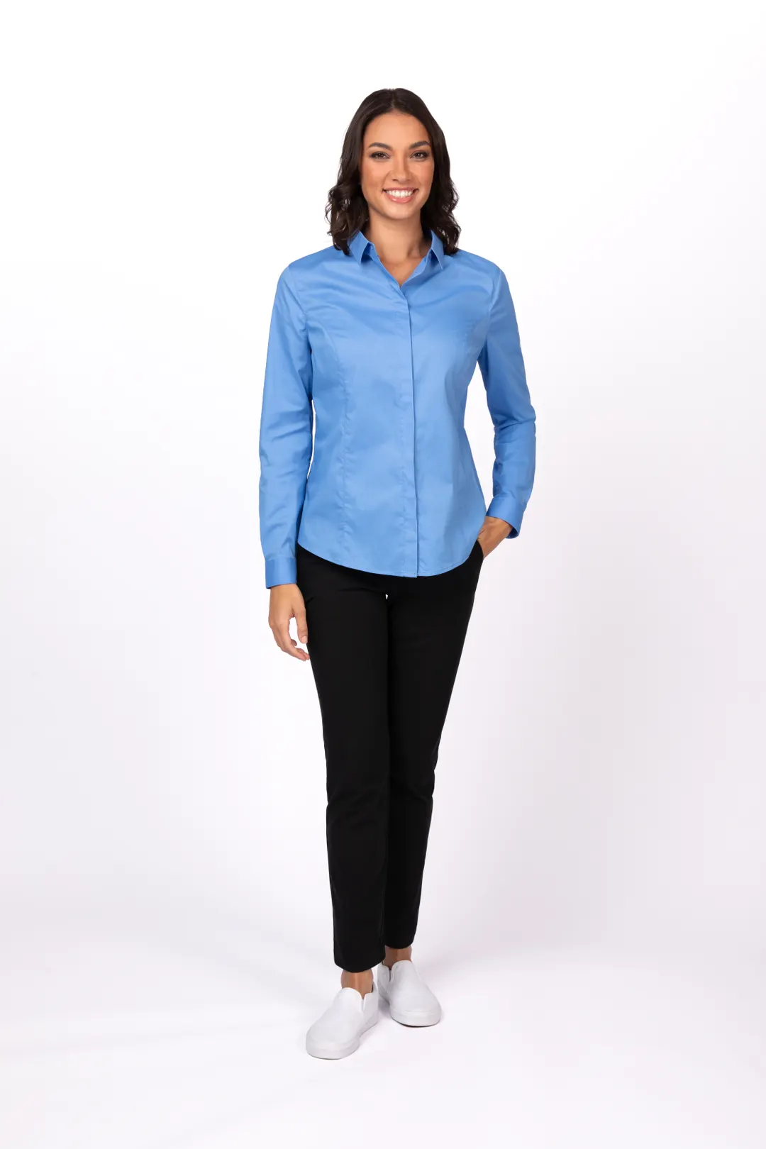 Chef Works W151-FRB-XL Dress Shirt – Women’s XL, French Blue, Poly/Cotton/Elastane, Adjustable Cuffs