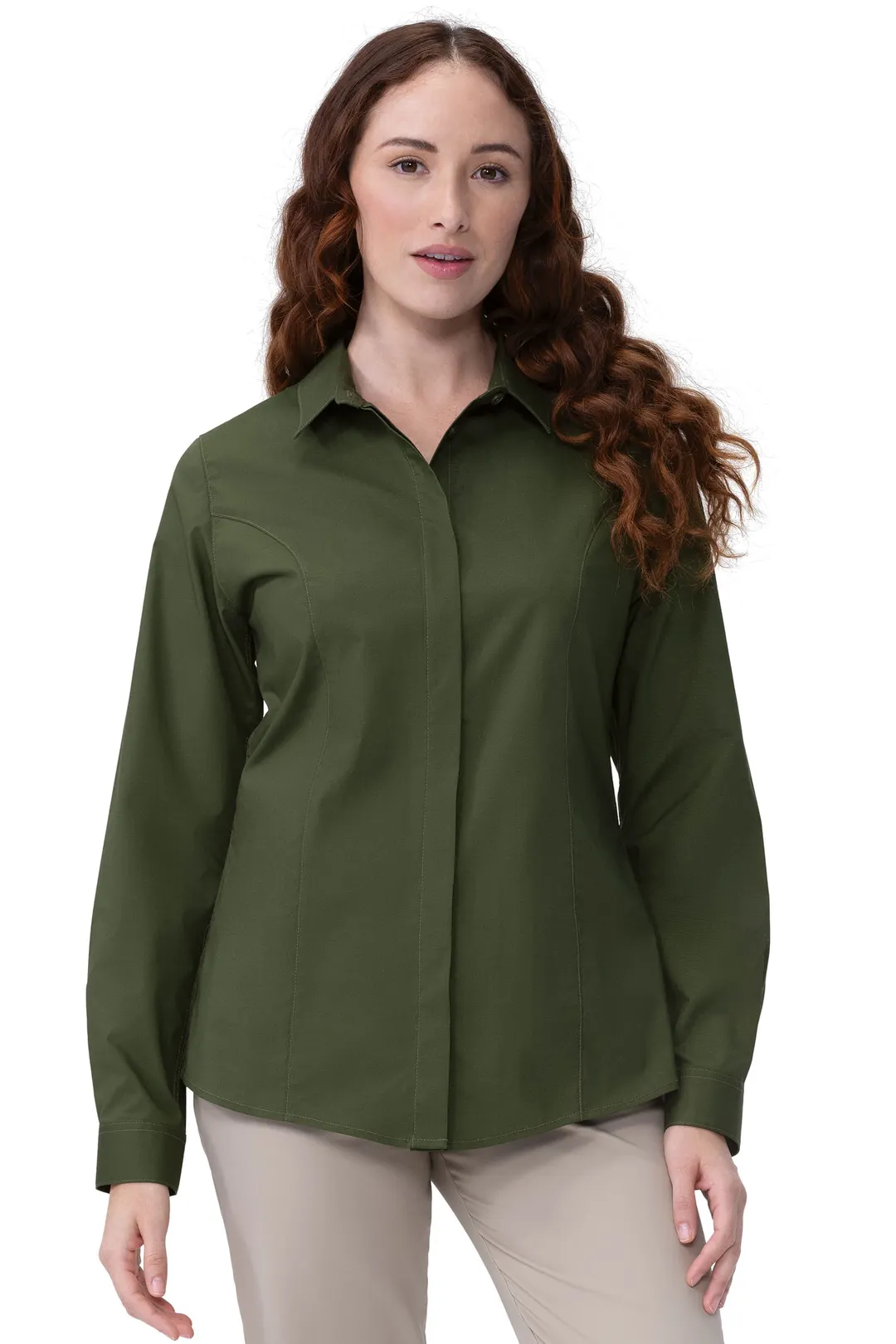 Chef Works W151-MIL-M Dress Shirt – Women’s Medium, Military Green, Long Sleeve, Poly/Cotton/Elastane