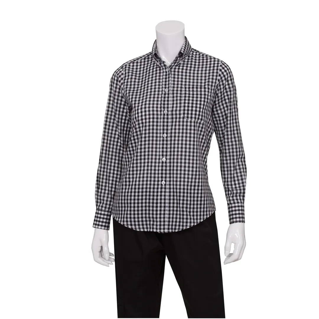 Chef Works W500-BWC-XL Dress Shirt – Women’s XL, White/Black Gingham, Poly/Cotton Poplin, Classic Fit