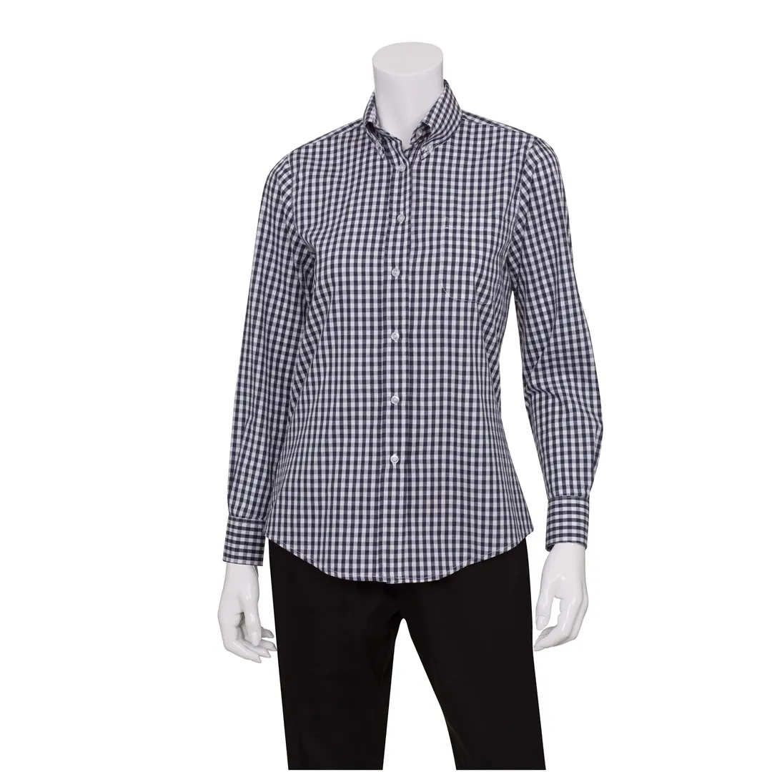 Chef Works W500-BWK-XL Dress Shirt – Women’s XL, 65/35 Poly/Cotton Poplin, White/Dark Navy Check
