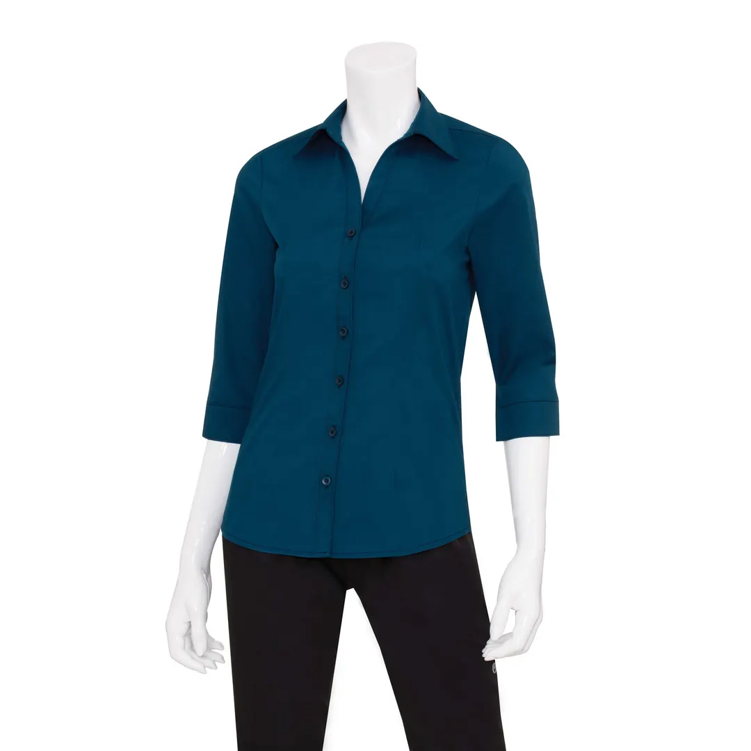 Chef Works WA34-BLU-S Women's Finesse 3/4 Sleeve Shirt, Blue, Size 36-38, Poly/Cotton/Elastane, Form Fit