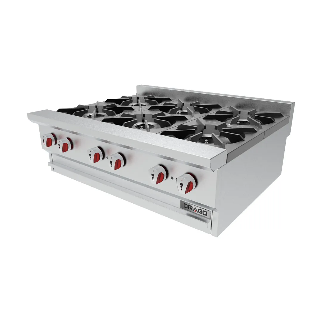 Drago America DRHP36 36" Countertop Gas Hotplate, (6) 30000 Btu Cast Iron Burners With One Standing Pilot Per Burner