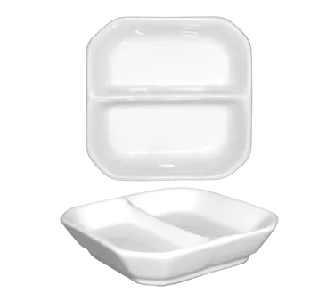 International Tableware FA2-3 - 3" Sauce Plate, 2 Compartments, 1/2 oz Wells, Porcelain, Safe - 1 Dozen