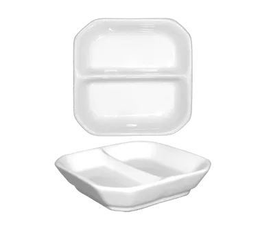 International Tableware FA2-5 - Square 5" x 5" Porcelain 2‑Compartment Dish, 2.5 oz - 1 Dozen